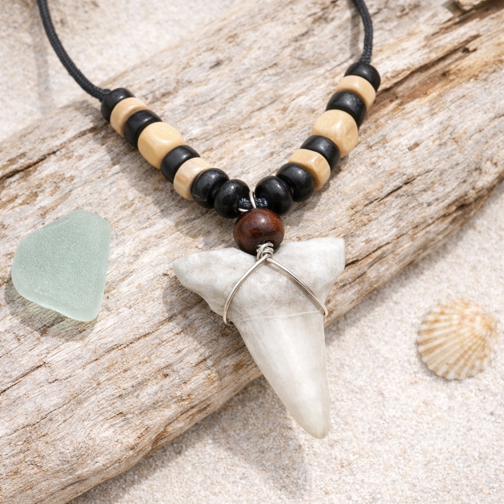 Shark Tooth Pendant Necklace Coastal Surfer boho
Bead Black Cord Unisex Beach